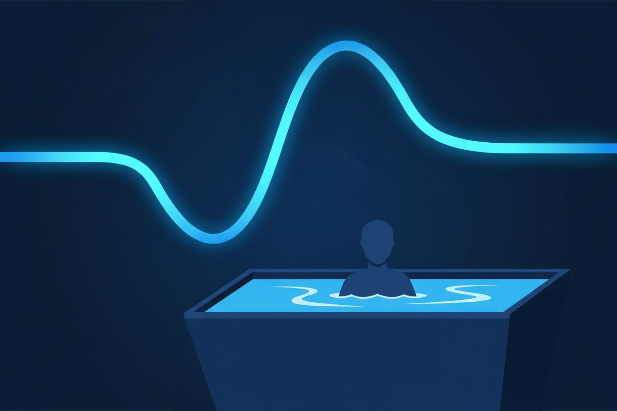 Illustrated silhouette of a person submerged in a cold plunge tub with a glowing heart rate variability waveform overlay, representing the measurable effects of cold water immersion on HRV and autonomic nervous system recovery.