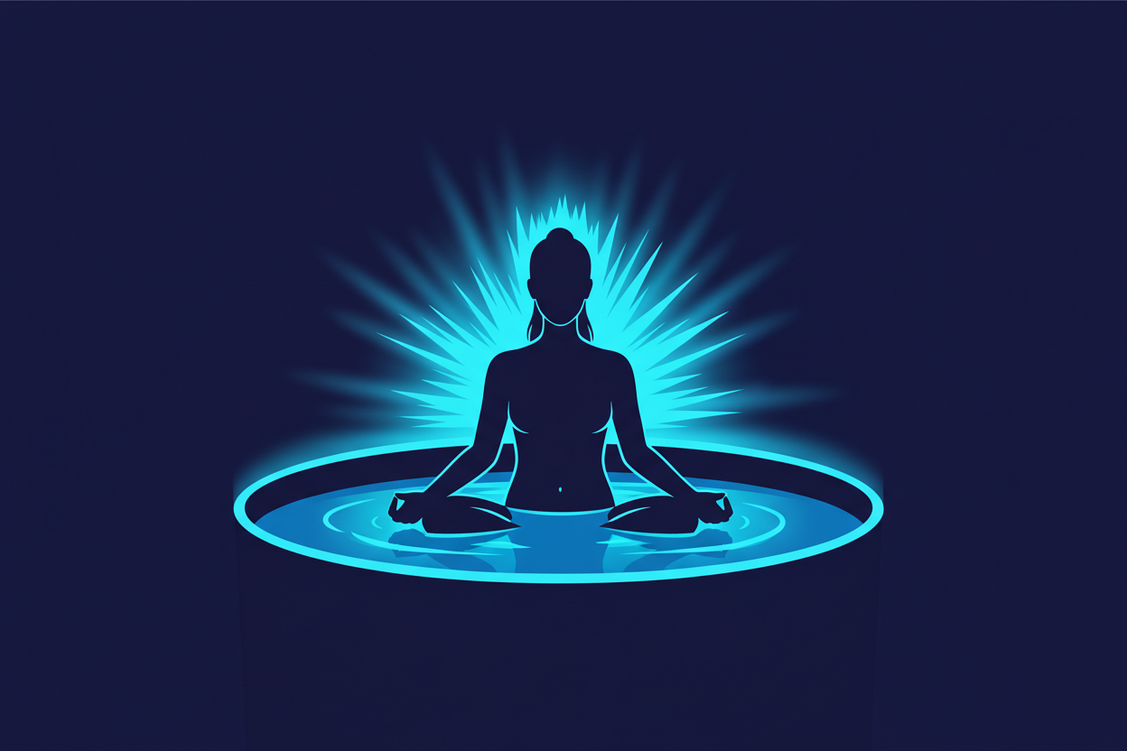 Illustrated silhouette of a person submerged in a cold plunge tub, surrounded by a bold electric blue and cyan aura representing the physiological effects of cold water immersion on the body.