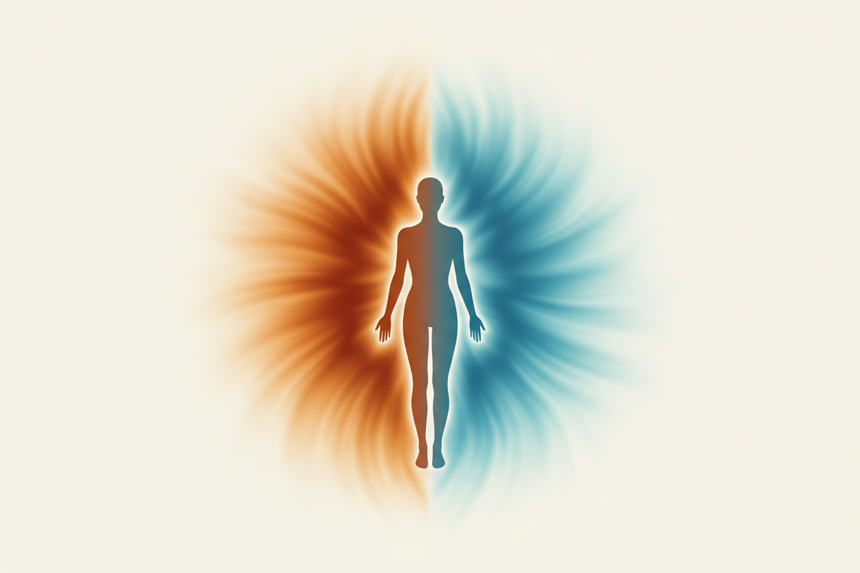 Illustration of a human silhouette with a warm amber aura on the left and cool blue aura on the right, representing the physiological effects of contrast therapy — alternating heat and cold on the body.