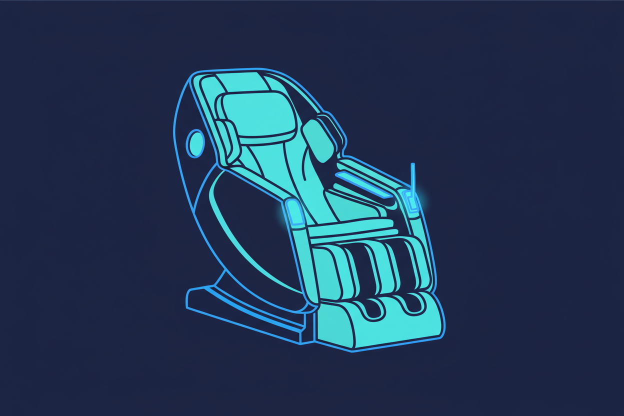 Flat editorial illustration of a modern massage chair in electric blue and cyan on deep navy — representing at-home mechanical recovery