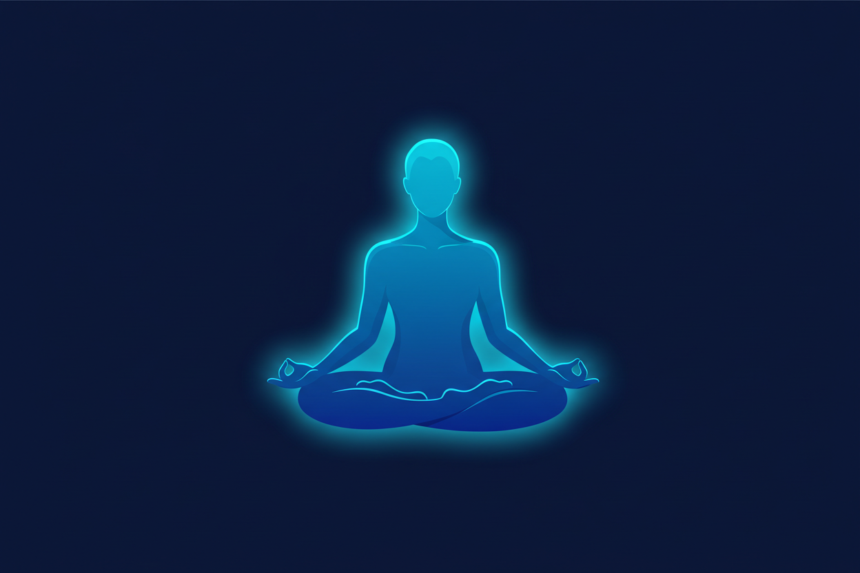 Flat editorial illustration of a meditating figure in deep navy, electric blue, and cyan — representing mindful stillness and the pause between stimulus and response