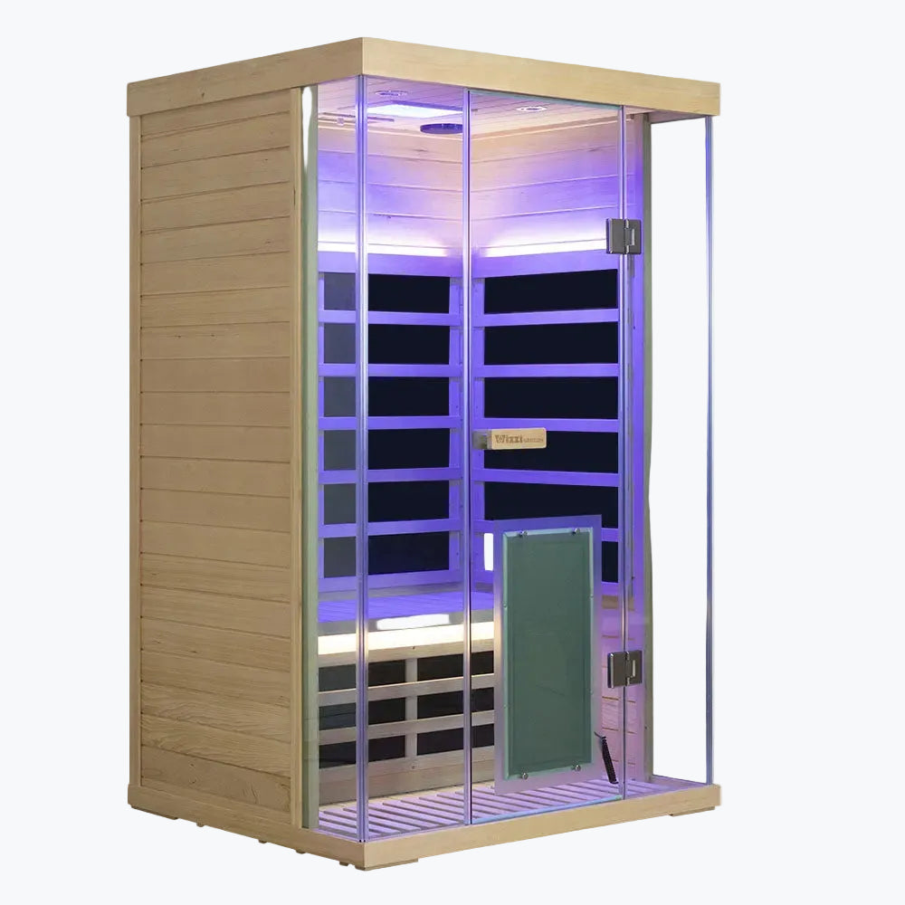 WizziSaunas SH02 Hemlock Infrared Sauna front-left angle with purple chromotherapy LED lighting on white background