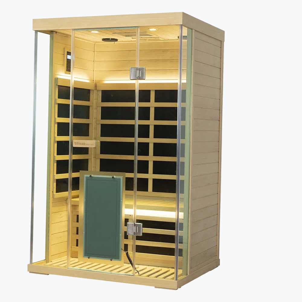 WizziSaunas SH02 Hemlock 2-Person Full Spectrum Infrared Sauna front view glass door open warm LED lighting and carbon heater panels