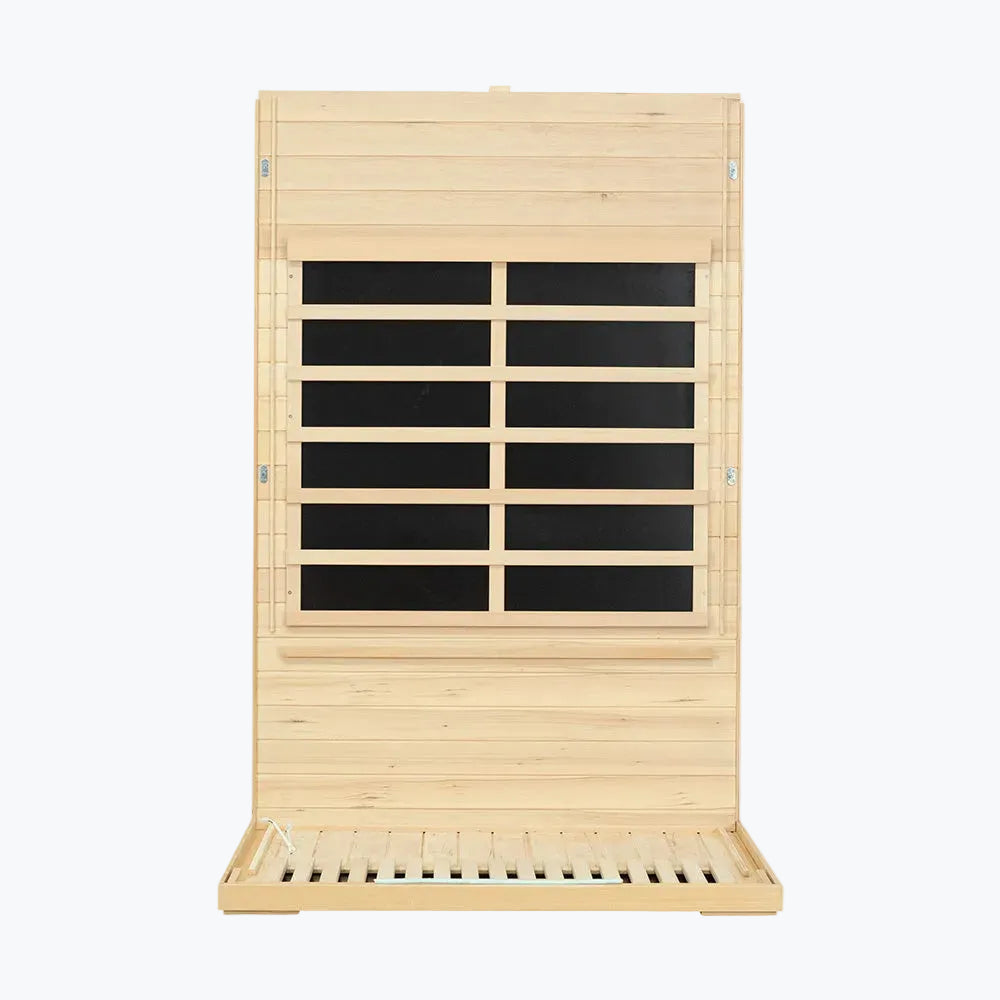 WizziSaunas SH02 Infrared Sauna side wall panel showing carbon heater array and hemlock wood frame on white background
