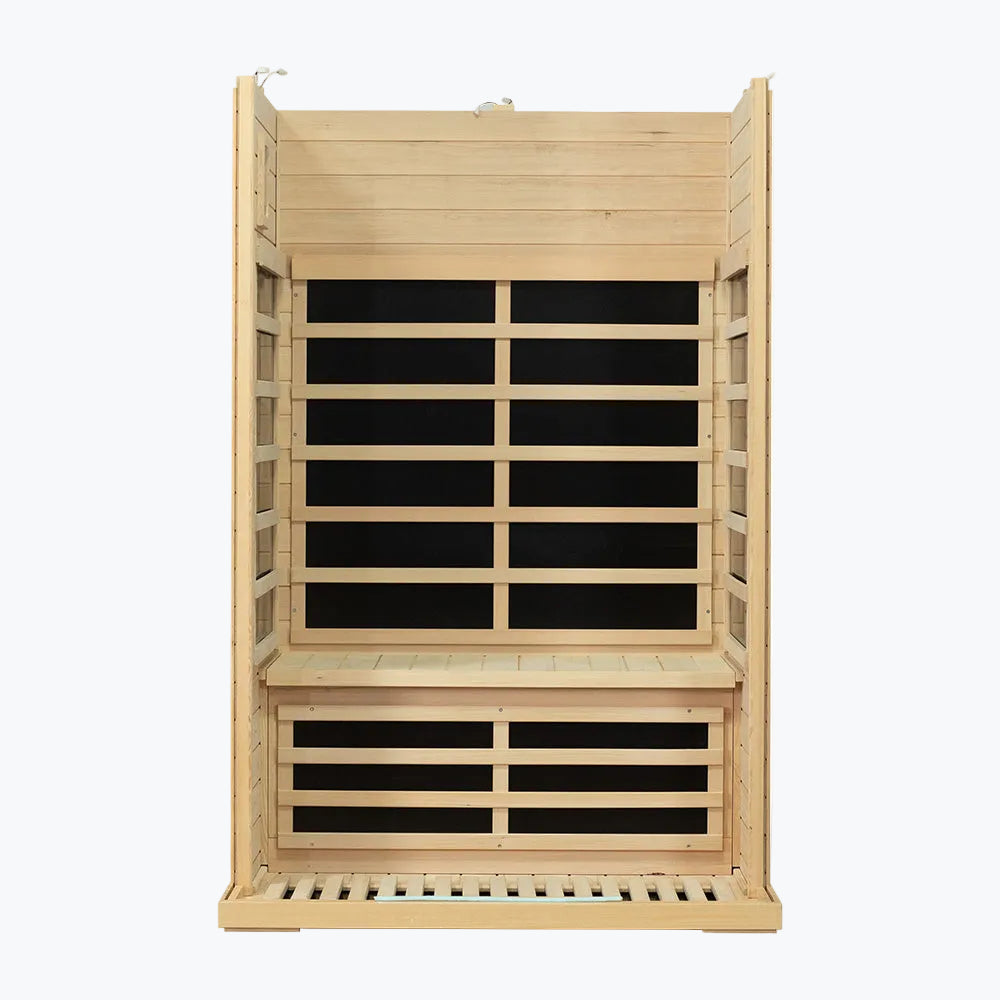 WizziSaunas SH02 Hemlock Infrared Sauna interior view showing lower bench position carbon heater panels and hemlock wood construction