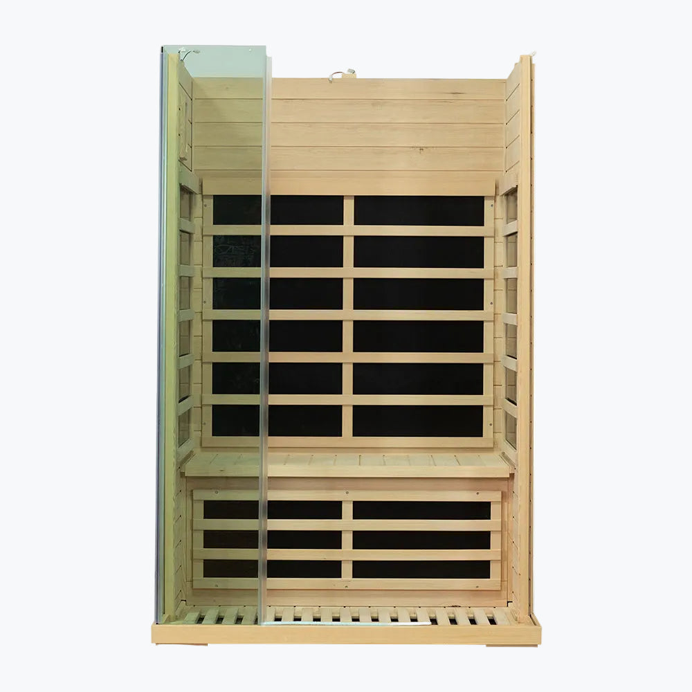 WizziSaunas SH02 Infrared Sauna interior front view with glass door open showing two bench levels and carbon heater panels