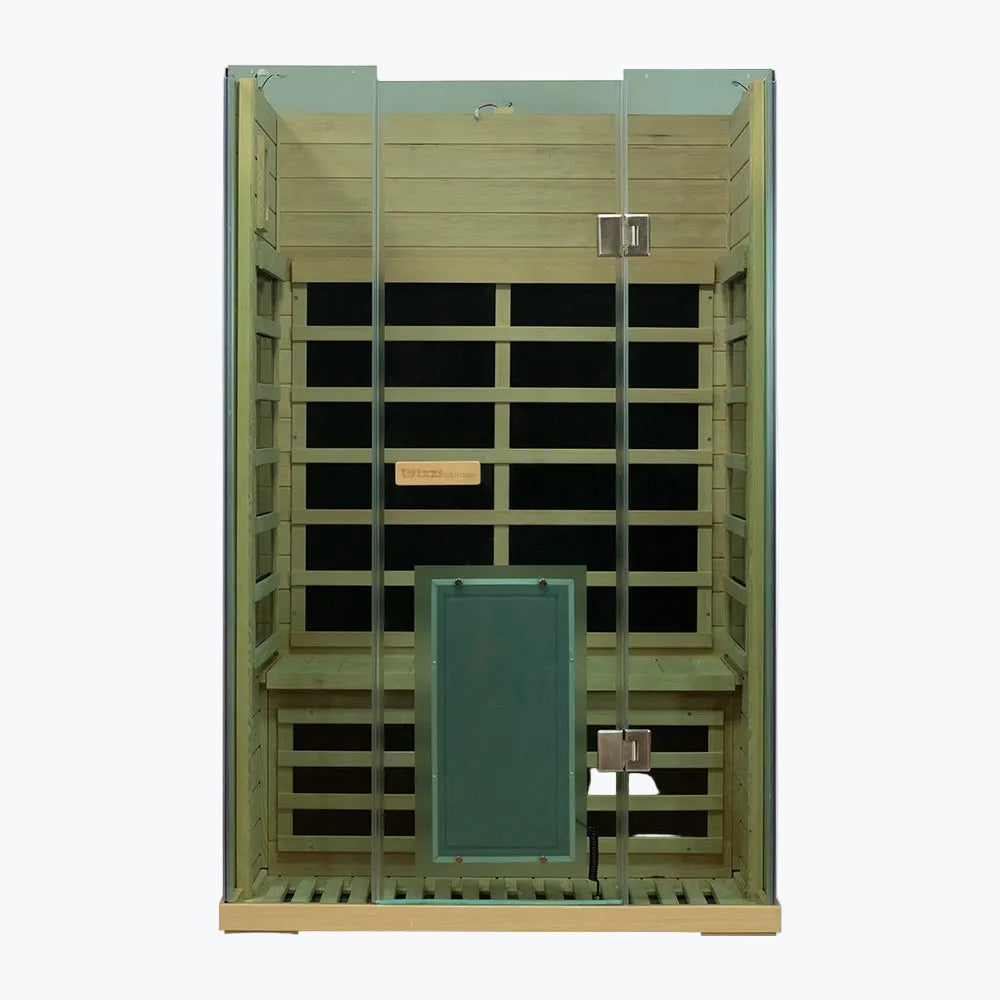 WizziSaunas SH02 Infrared Sauna front view with glass door closed showing cedar benches carbon heaters and control panel