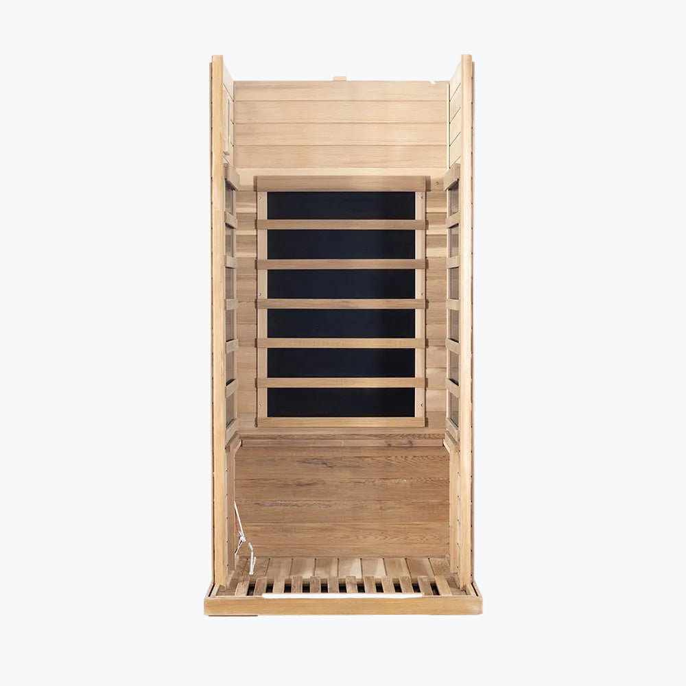 WizziSaunas SR01 Red Cedar Infrared Sauna assembly step three showing rear and both side wall panels with carbon heaters joined to floor panel open-top view on white background