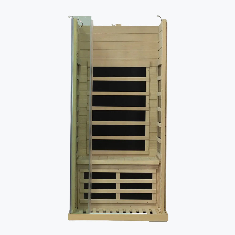 WizziSaunas SH01 Infrared Sauna assembly step eight showing sauna interior with glass door frame panel being added to side opening