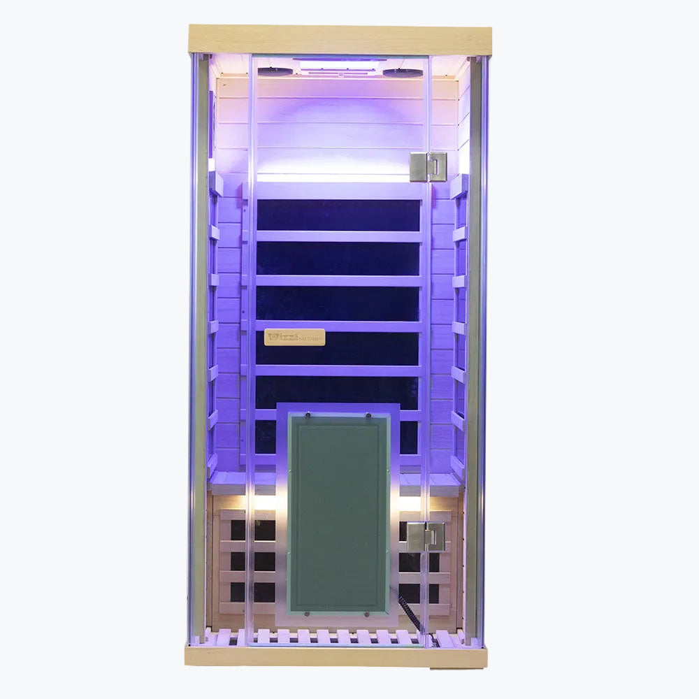 WizziSaunas SH01 Hemlock Infrared Sauna front view with purple chromotherapy LED lighting and carbon heater panels