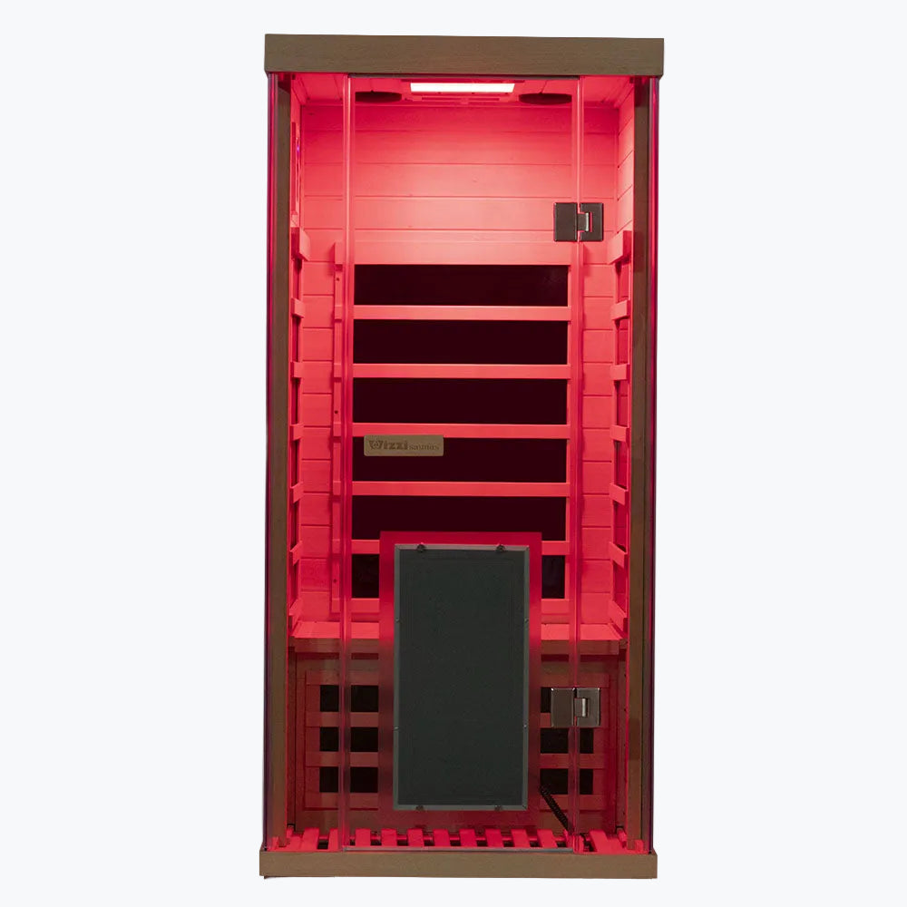 WizziSaunas SH01 Infrared Sauna front view red chromotherapy lighting carbon heater panels white background