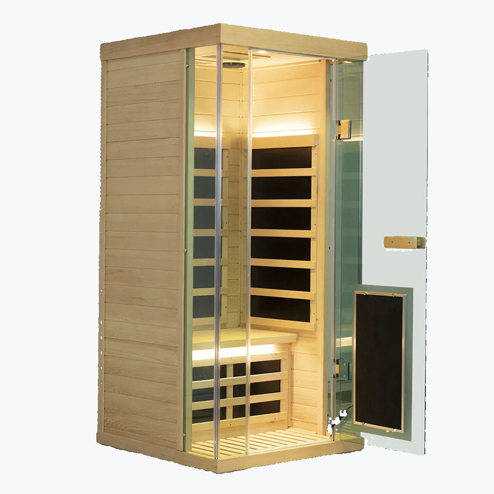 WizziSaunas SH01 Hemlock 1-Person Infrared Sauna with glass door open showing warm LED lighting cedar bench and carbon panels