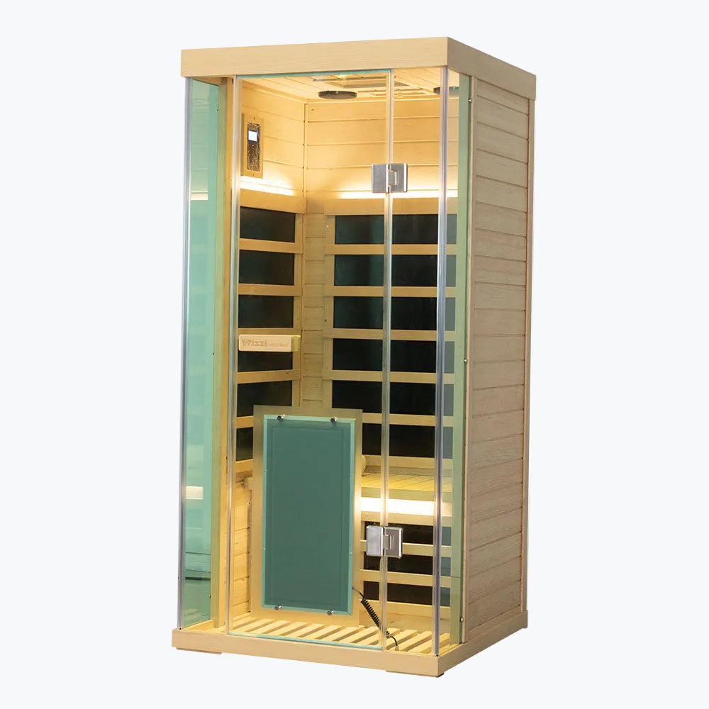 WizziSaunas SH01 Hemlock 1-Person Full Spectrum Infrared Sauna front view with glass door warm LED lighting and carbon heater panels