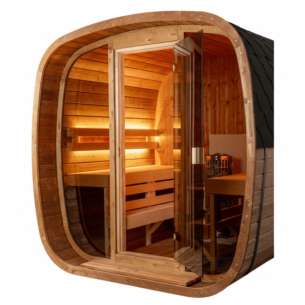 Auris Two 2-Person Outdoor Cedar Barrel Sauna by Orivon Wellness - Luxury infrared sauna front angle showing bright lighting at base of sauna, door centered in the front, open, with detailed side view of interior.