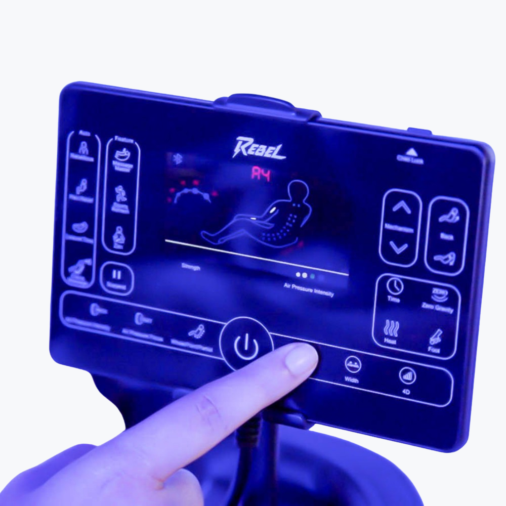 Floridian Brand Rebel 4D Massage Chair touchscreen control tablet with massage settings and user interface display