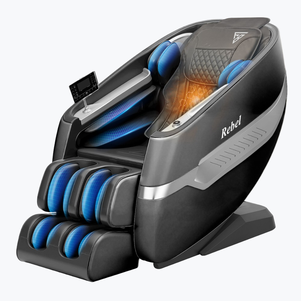 Floridian Brand Rebel 4D Massage Chair with blue airbag rollers and heat therapy feature highlighted on white background
