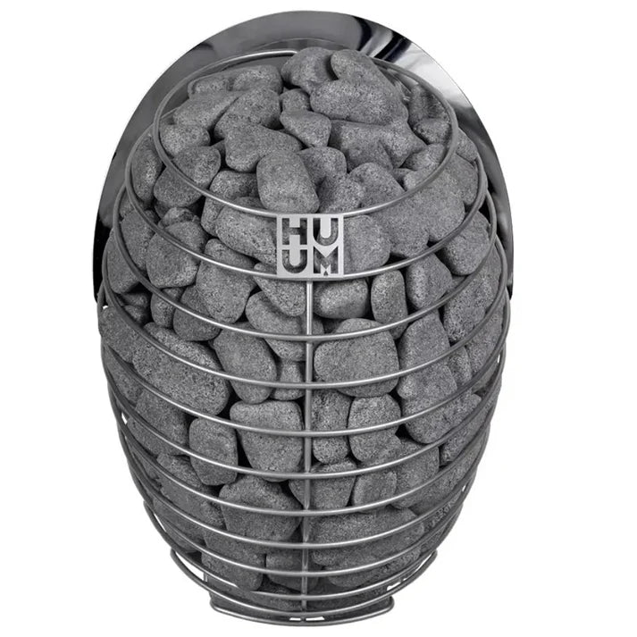 Humm Drop 9KW sauna heater rocks inside metal coil cage for Auris Two Outdoor Cedar Barrel Sauna by Orivon Wellness