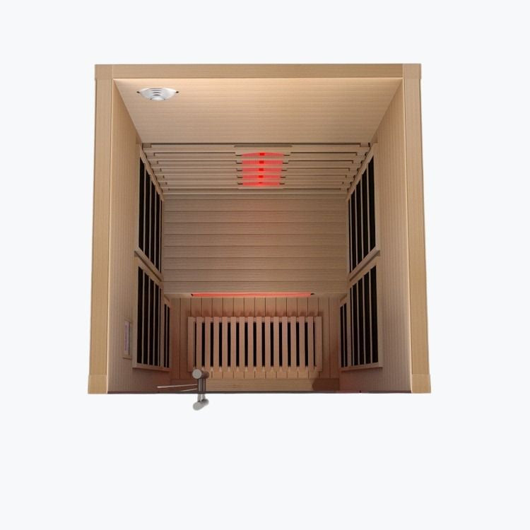 Lumin One Infrared Sauna 1-2 Person Indoor Sauna angled top front view showing interior details