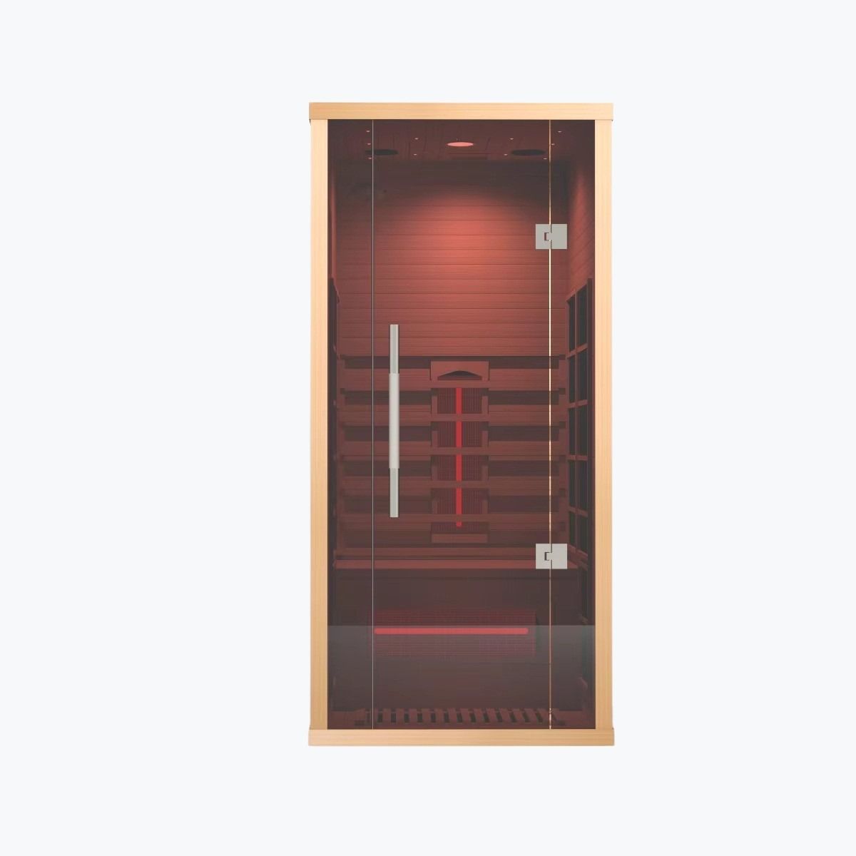 Lumin One Infrared Sauna 1-2 Person Indoor Sauna closer front view with closed glass door wooden frame and red chromotherapy interior glow on white background