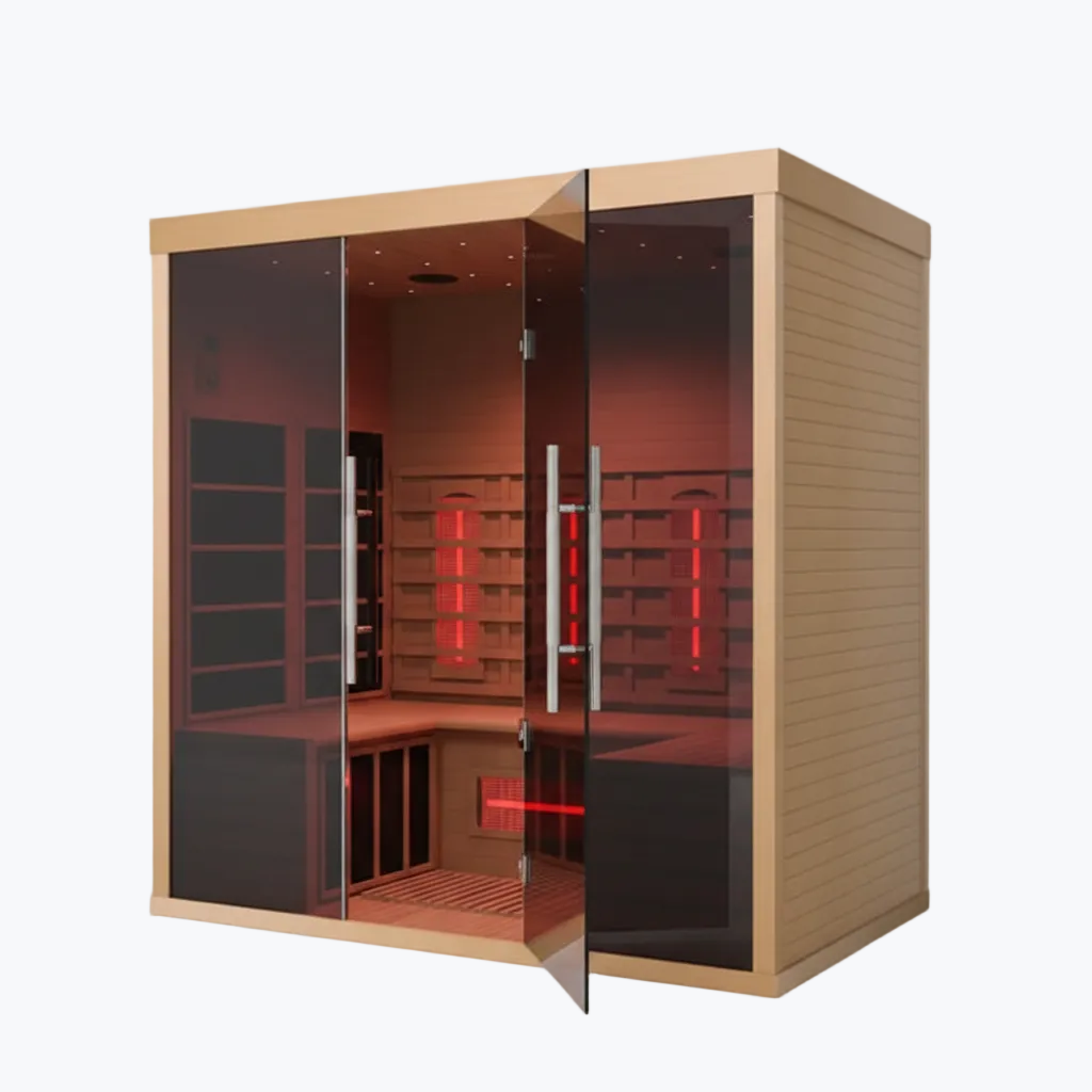 Lumin Three Lifestyle Studio Infrared sauna with wooden exterior and glass doors on a light gray background