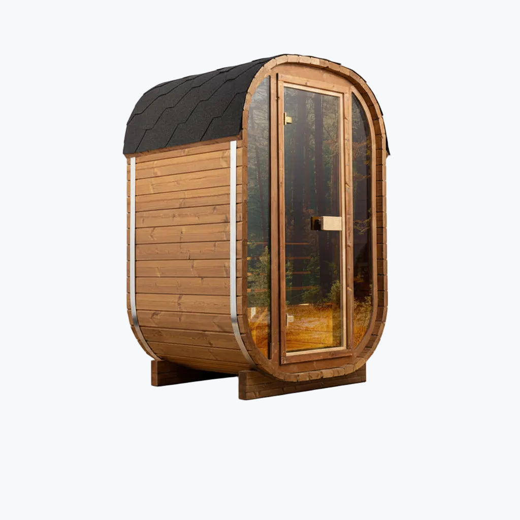 Auris One Luxury Outdoor Cedar Sauna angled view with black shingle roof glass door forest reflection and LED strip lighting