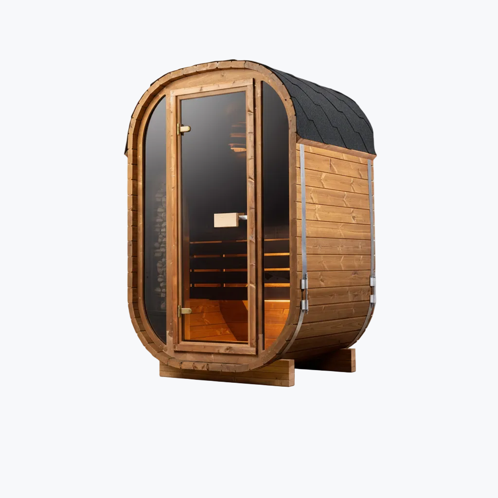 Auris One Luxury Outdoor Cedar Sauna with arched black roof glass door and warm interior lighting on white background