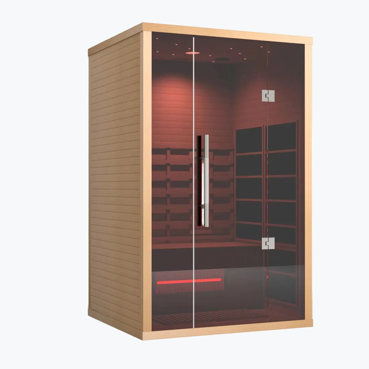 Lumin Two 2-Person Indoor Infrared Sauna front-right angle showing full cedar frame glass door carbon heater panels and red floor heater
