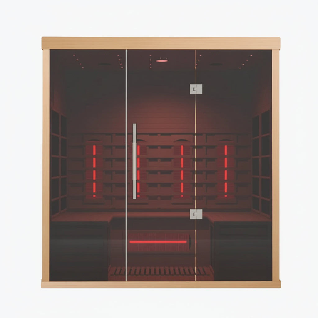 Lumin Three 3-Person Indoor Infrared Sauna front view through glass doors showing glowing red infrared heaters and cedar benches