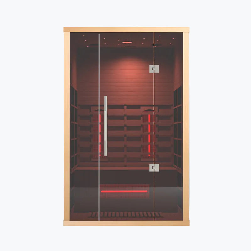 Lumin Two 2-Person Indoor Infrared Sauna straight front view through glass doors showing cedar benches red floor heater and vertical infrared panels