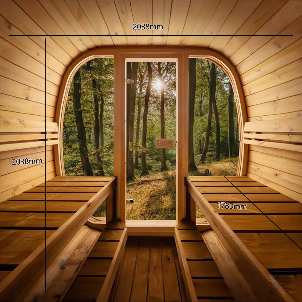 Auris Two 2-Person Outdoor Cedar Barrel Sauna interior view with forest backdrop - dimensions 2038mm x 2038mm x 1780mm by Orivon Wellness