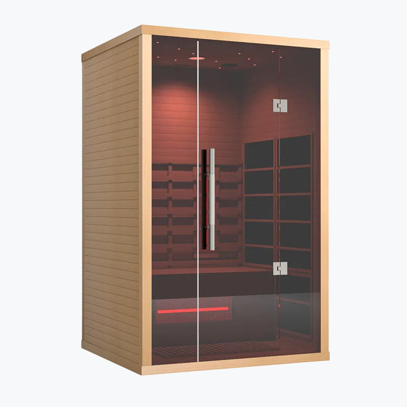 Lumin Two 2-Person Indoor Infrared Sauna angled front view showing cedar wood exterior dark glass door and red infrared heaters inside