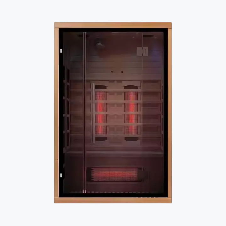 Lumin Two 2-Person Indoor Infrared Sauna interior view through glass door showing full-spectrum infrared heater panels and red floor heater