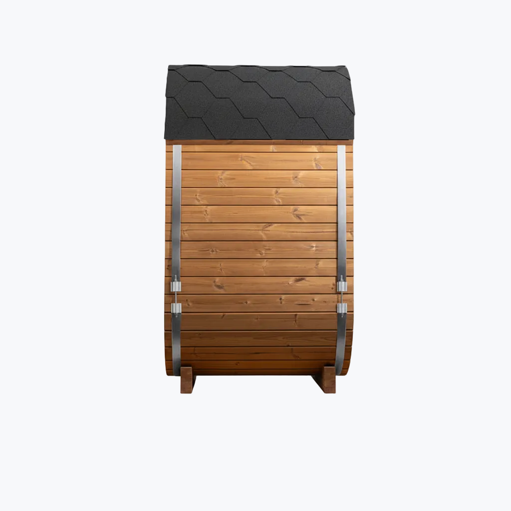 Auris One Luxury Outdoor Cedar Sauna rear view showing cedar planks metal band straps and black shingle roof on white background
