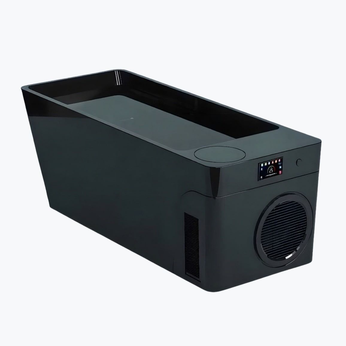 Orivon Black Frost Cold Plunge Tub with digital control panel and built-in chiller unit on white background