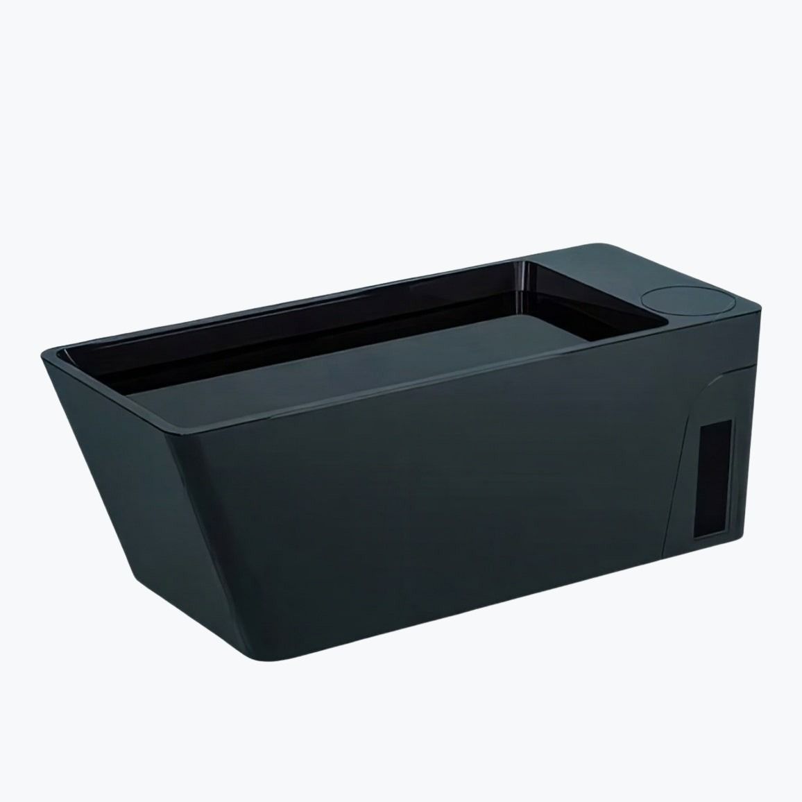 Orivon Black Frost Cold Plunge Tub angled view with lid open showing interior and chiller unit on white background