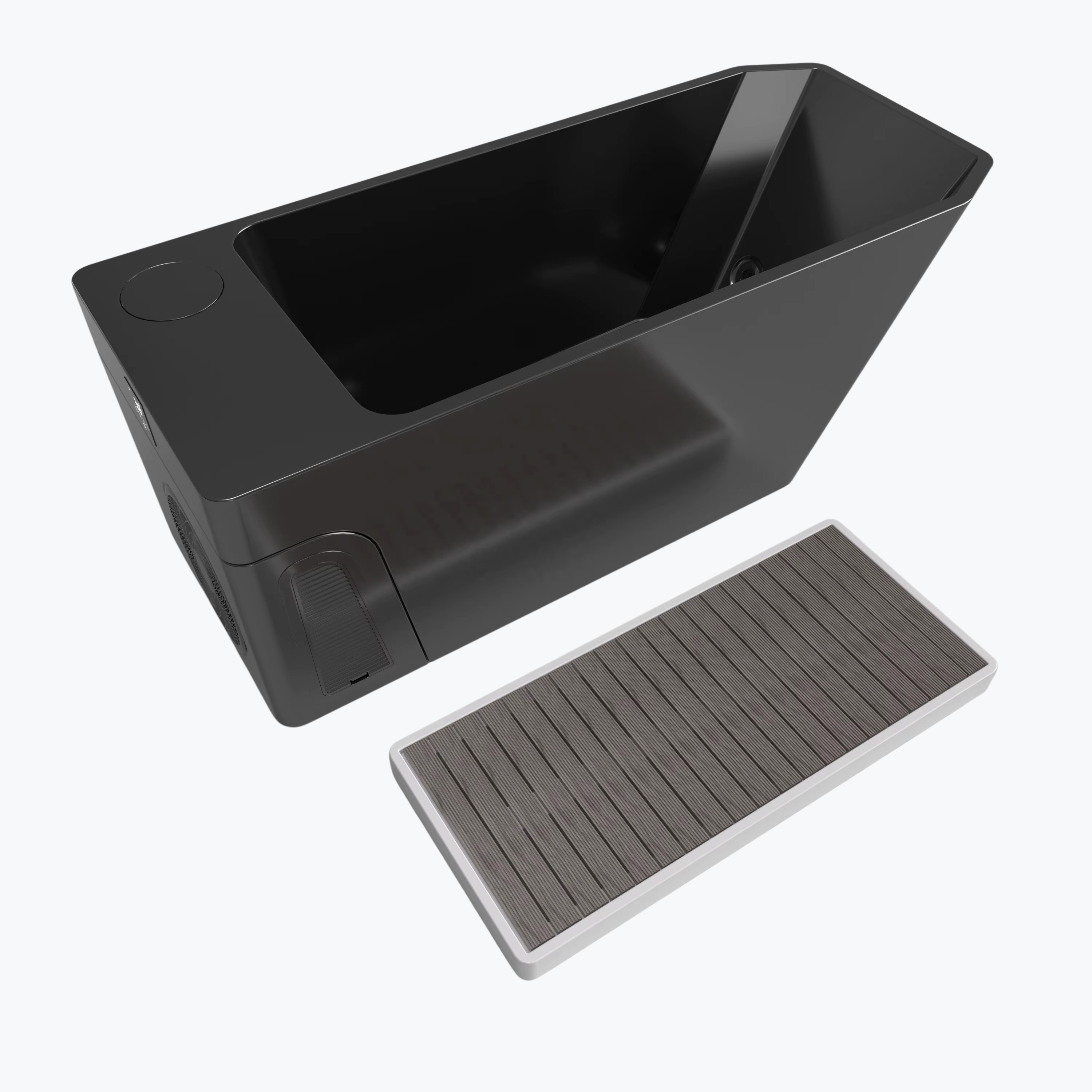 Orivon Black Frost Cold Plunge Tub with wooden slat floor mat accessory on gray background