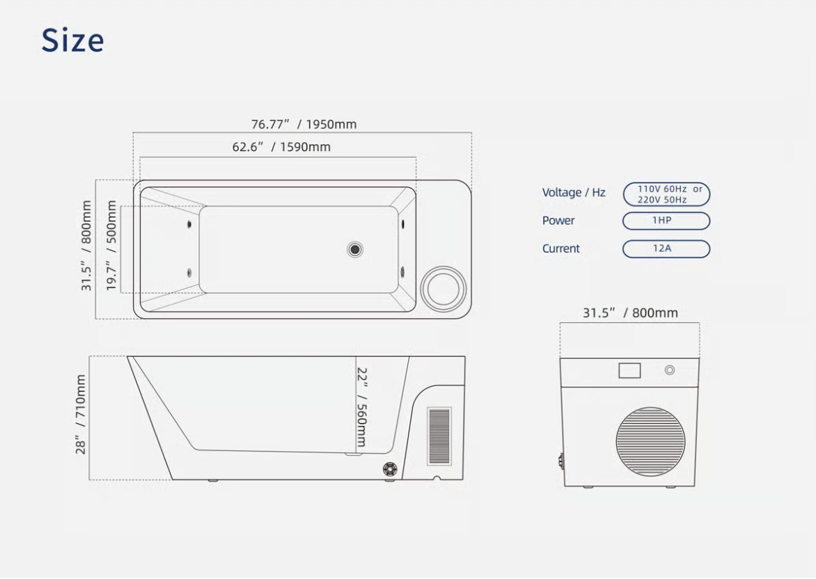 Orivon White Frost Cold Plunge Tub size and dimensions technical diagram showing measurements 76.77 x 62.6 x 31.5 inches with voltage, power, and current specifications by Shop Cold Plunge