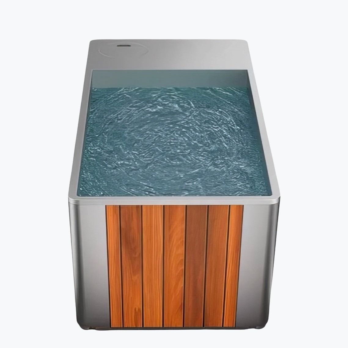 Orivon Metallic Frost Cold Plunge Tub front view with wooden cedar paneling, metallic frame, and chilled water by Shop Cold Plunge