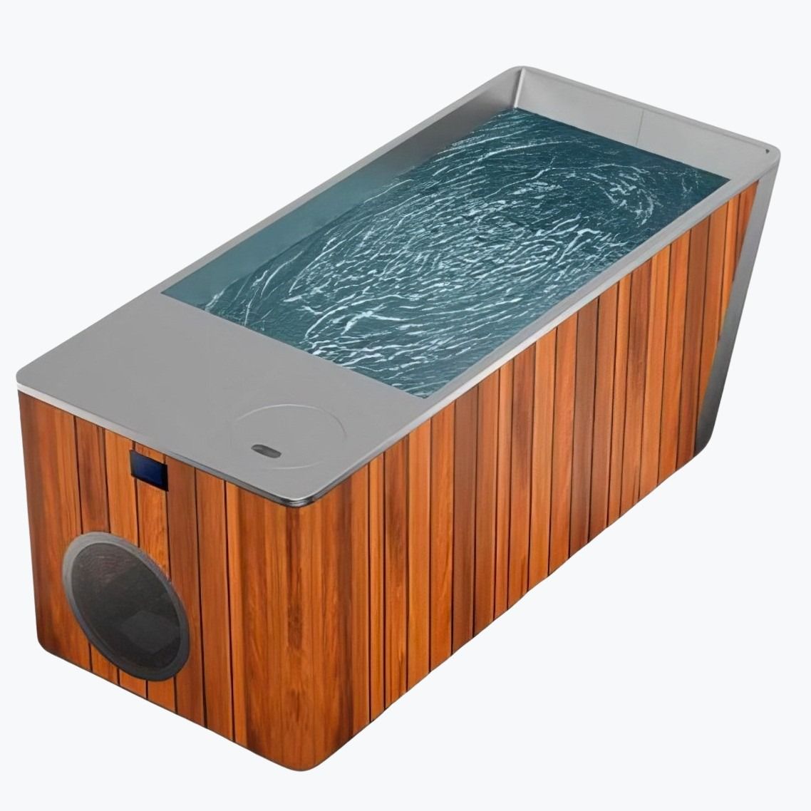 Orivon Metallic Frost Cold Plunge Tub with wooden cedar exterior, metallic lid, and chilled water by Shop Cold Plunge