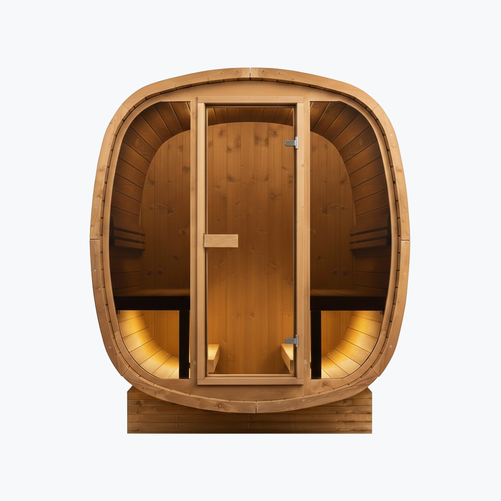 Auris Two 2-Person Outdoor Cedar Barrel Sauna by Orivon Wellness - Luxury infrared sauna front angle showing bright interior lighting at base of sauna, door centered in the front.