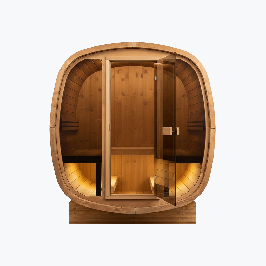 Auris Two 2-Person Outdoor Cedar Barrel Sauna by Orivon Wellness - Luxury infrared sauna front angle showing bright interior lighting at base of sauna, door centered, open, in the front.