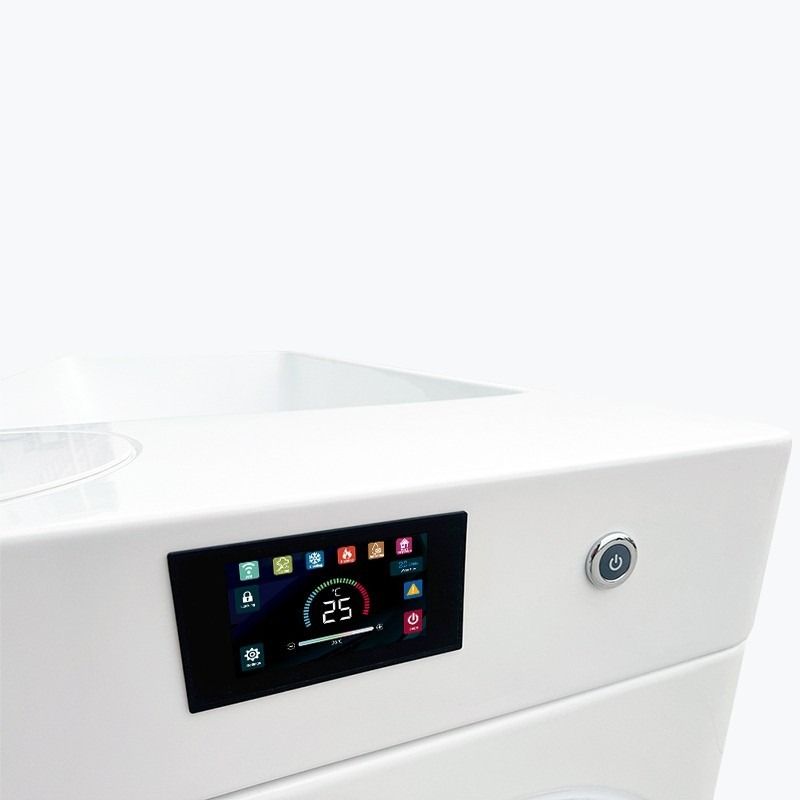 Orivon White Frost Cold Plunge Tub digital temperature display showing 25°C with control buttons and settings icons by Shop Cold Plunge