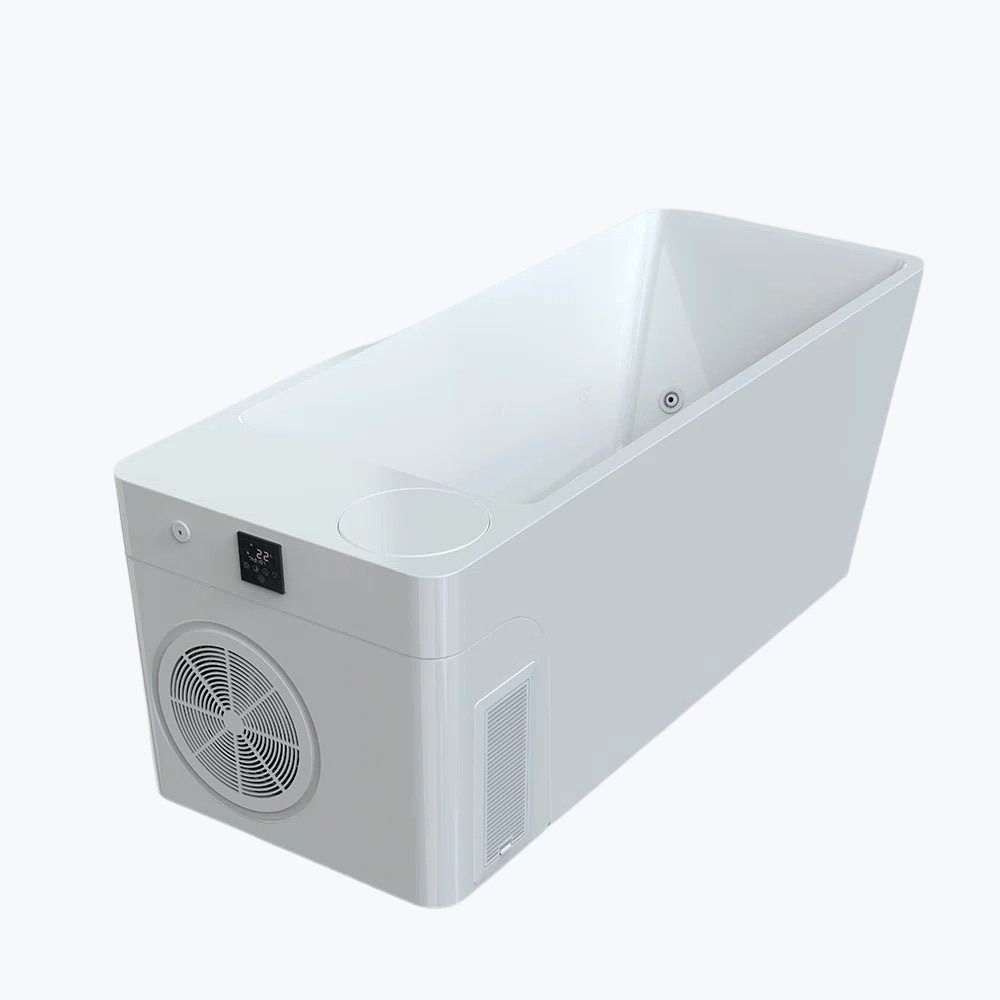 Orivon White Frost Cold Plunge Tub angled view showing white acrylic tub, digital display, and ventilation grille by Shop Cold Plunge