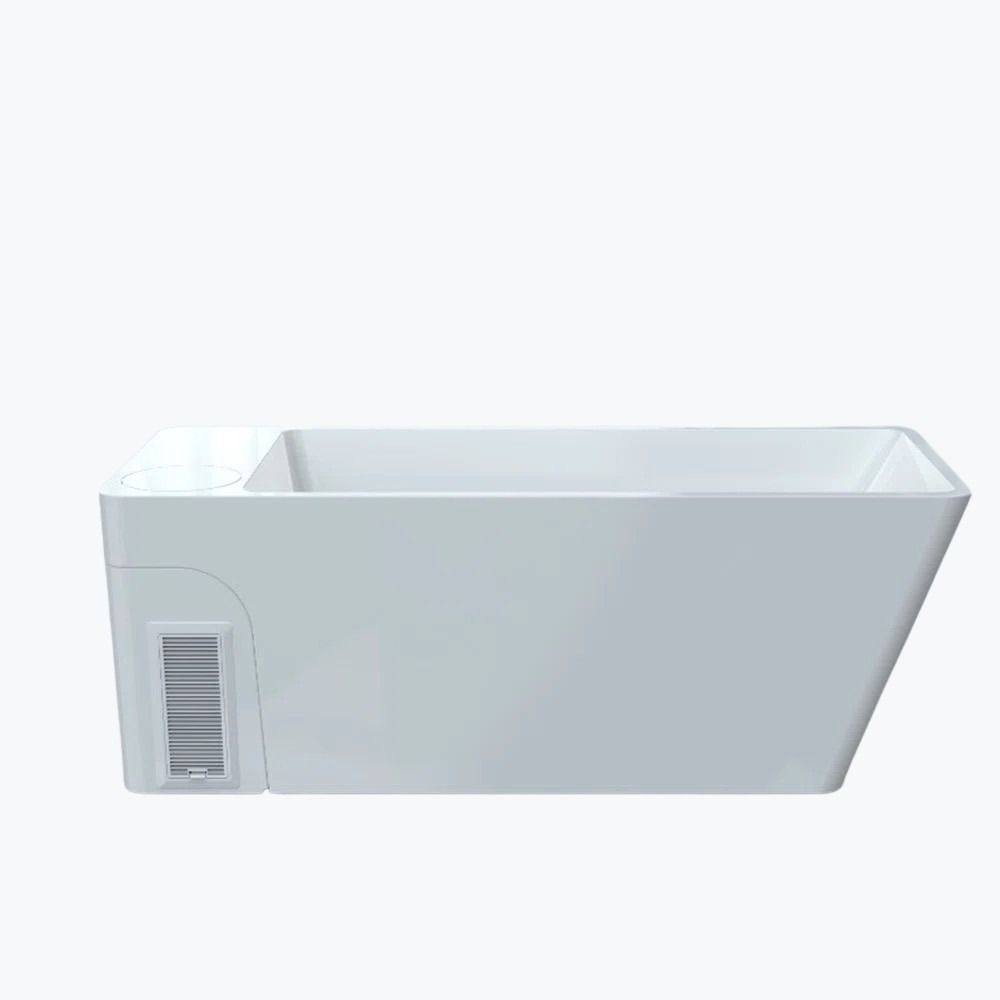 Orivon White Frost Cold Plunge Tub side profile view showing clean white acrylic design and ventilation grille on light gray background by Shop Cold Plunge