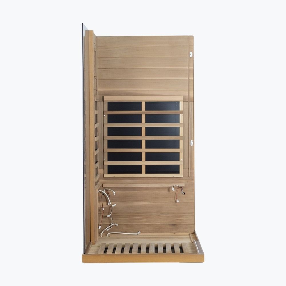 WizziSaunas 909MX Mini red cedar infrared sauna assembly step 4 — floor and wall panels continued.