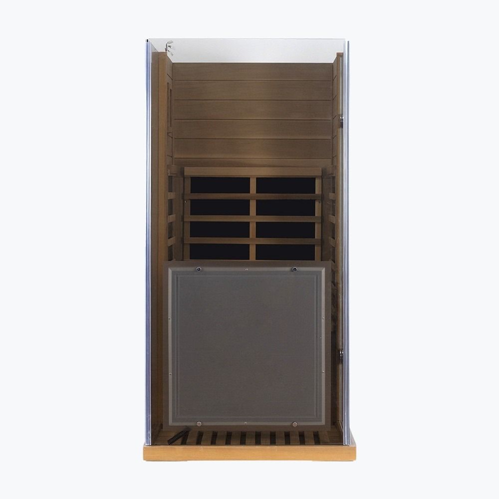 WizziSaunas 909MX Mini red cedar infrared sauna interior assembly showing front glass panels installed