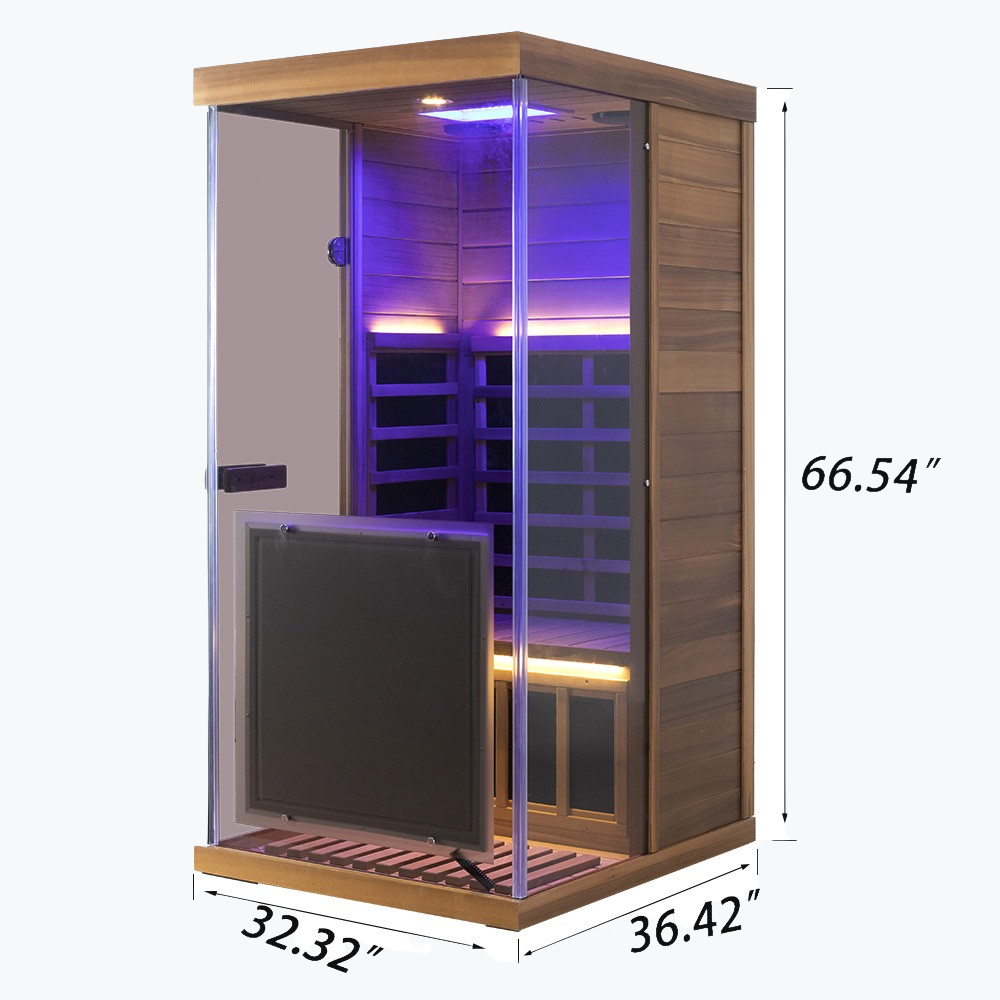 WizziSaunas 909MX Mini red cedar infrared sauna with measurements displaying 66.54" tall, 36.42" deep, 32.32" wide.