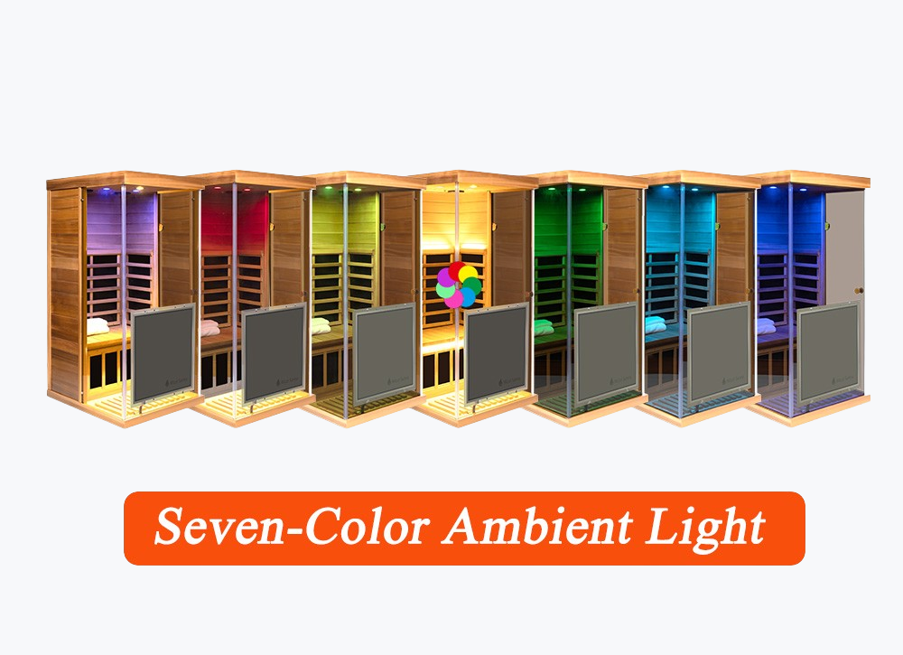 WizziSaunas 909MX Mini red cedar infrared sauna with seven lighting color options.
