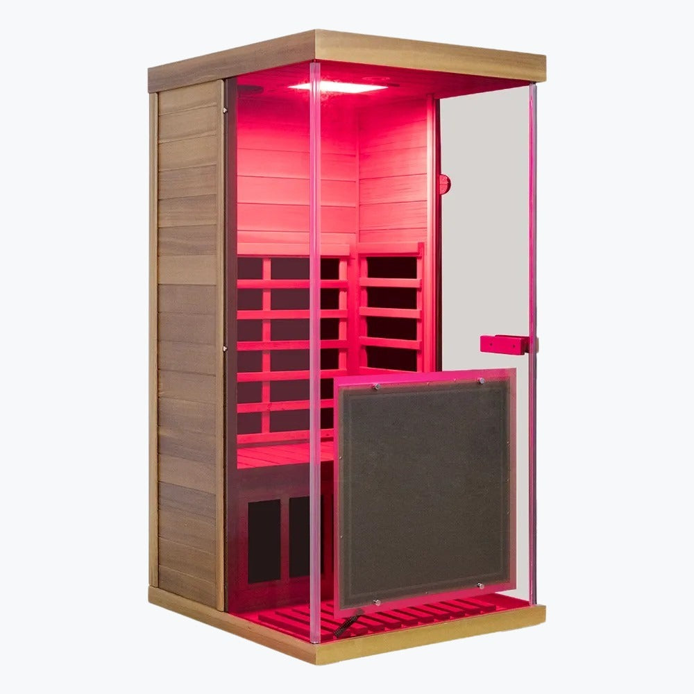 WizziSaunas 909MX Mini red cedar 1-person infrared sauna front angle view with dark glass door.