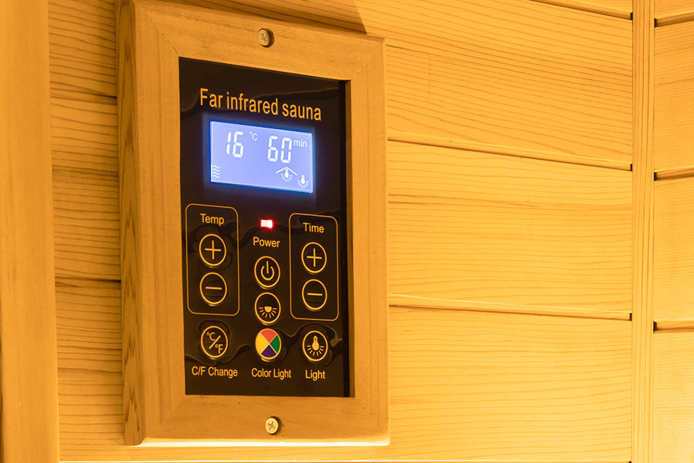 WizziSaunas 909MX Mini red cedar infrared sauna interior LCD control panel for temperature and session settings.